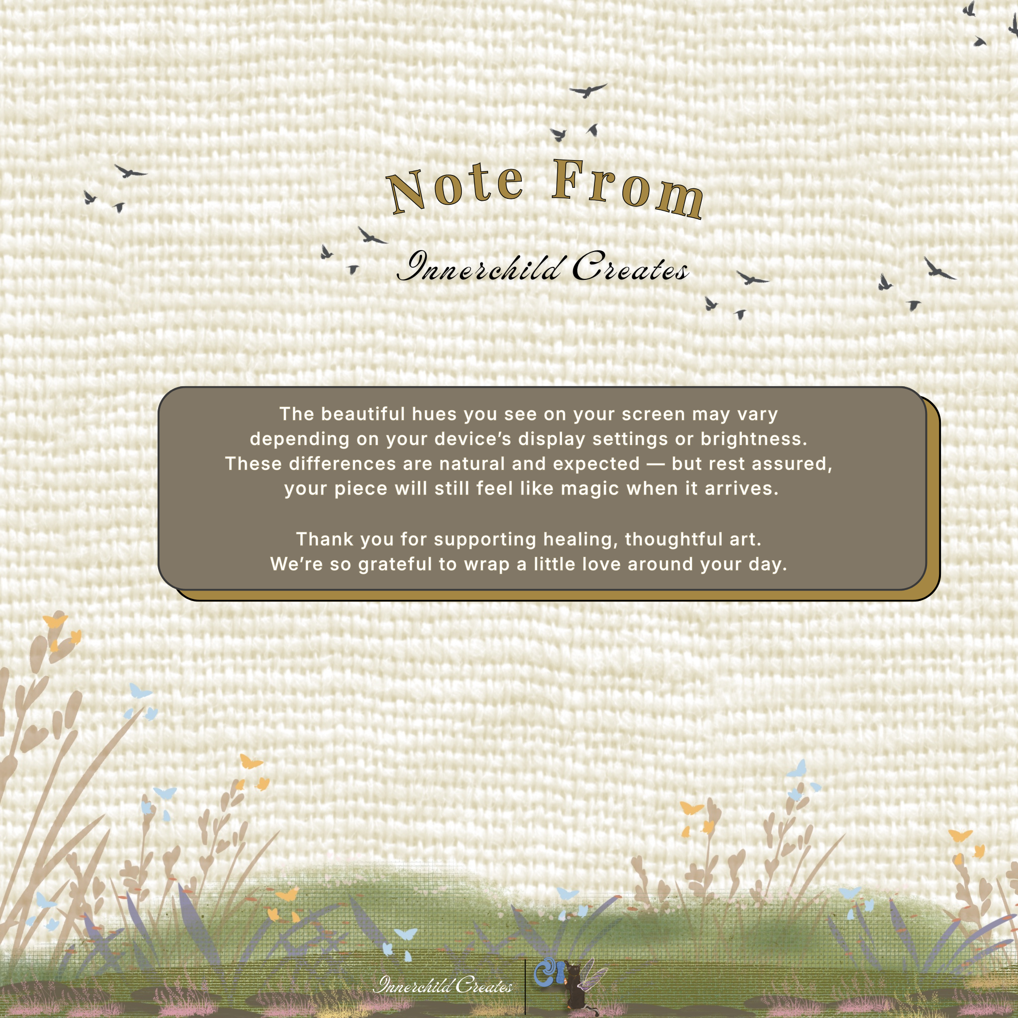 Note from Innerchild Creates with text about display settings on a nature-themed background