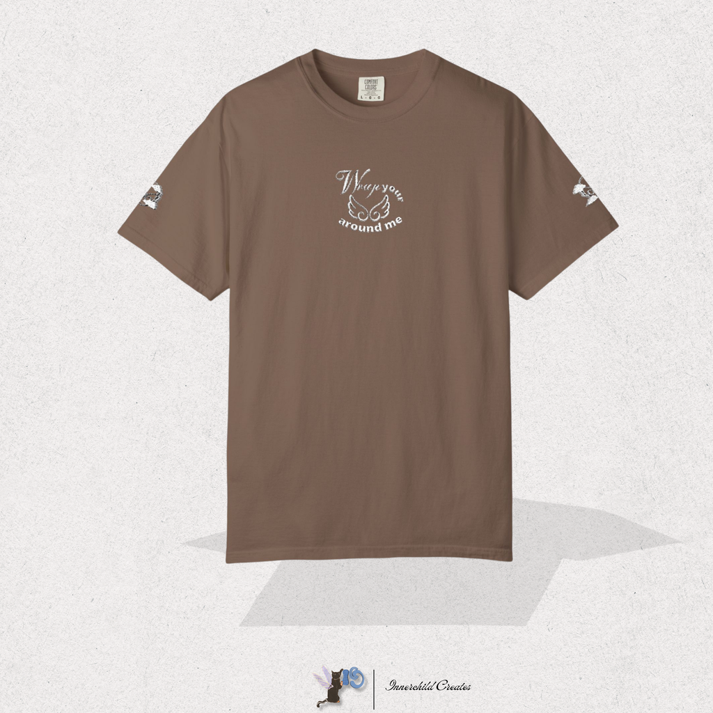 Brown t-shirt with white text and graphics on a light gray background