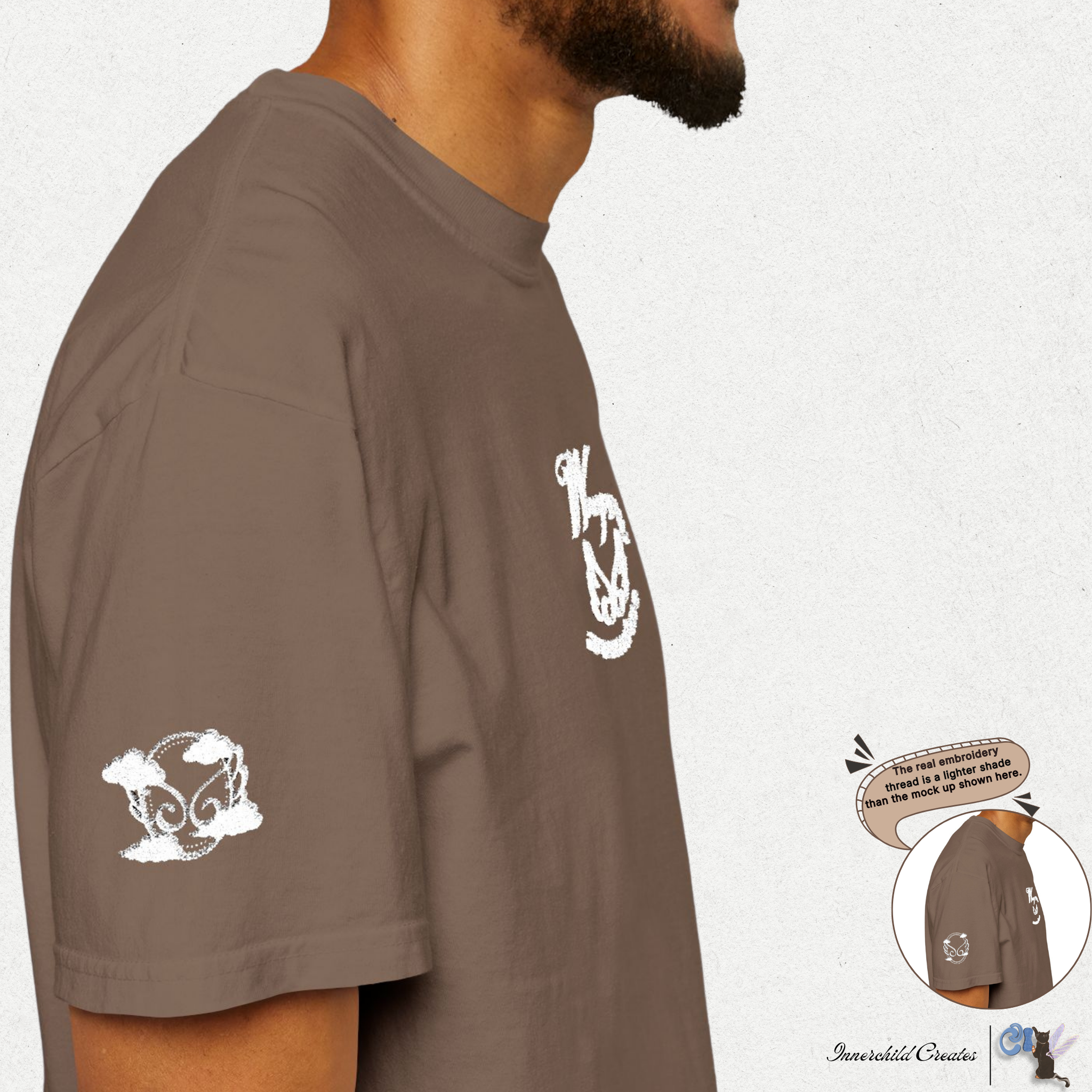 Brown, espresso t-shirt with white graphics and text on a white background. Showing the white, cloud, & wings embroidery on the right sleeve shoulder. 