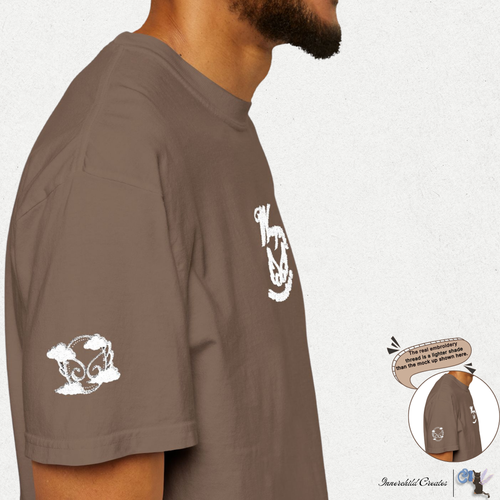 Brown, espresso t-shirt with white graphics and text on a white background. Showing the white, cloud, & wings embroidery on the right sleeve shoulder. 
