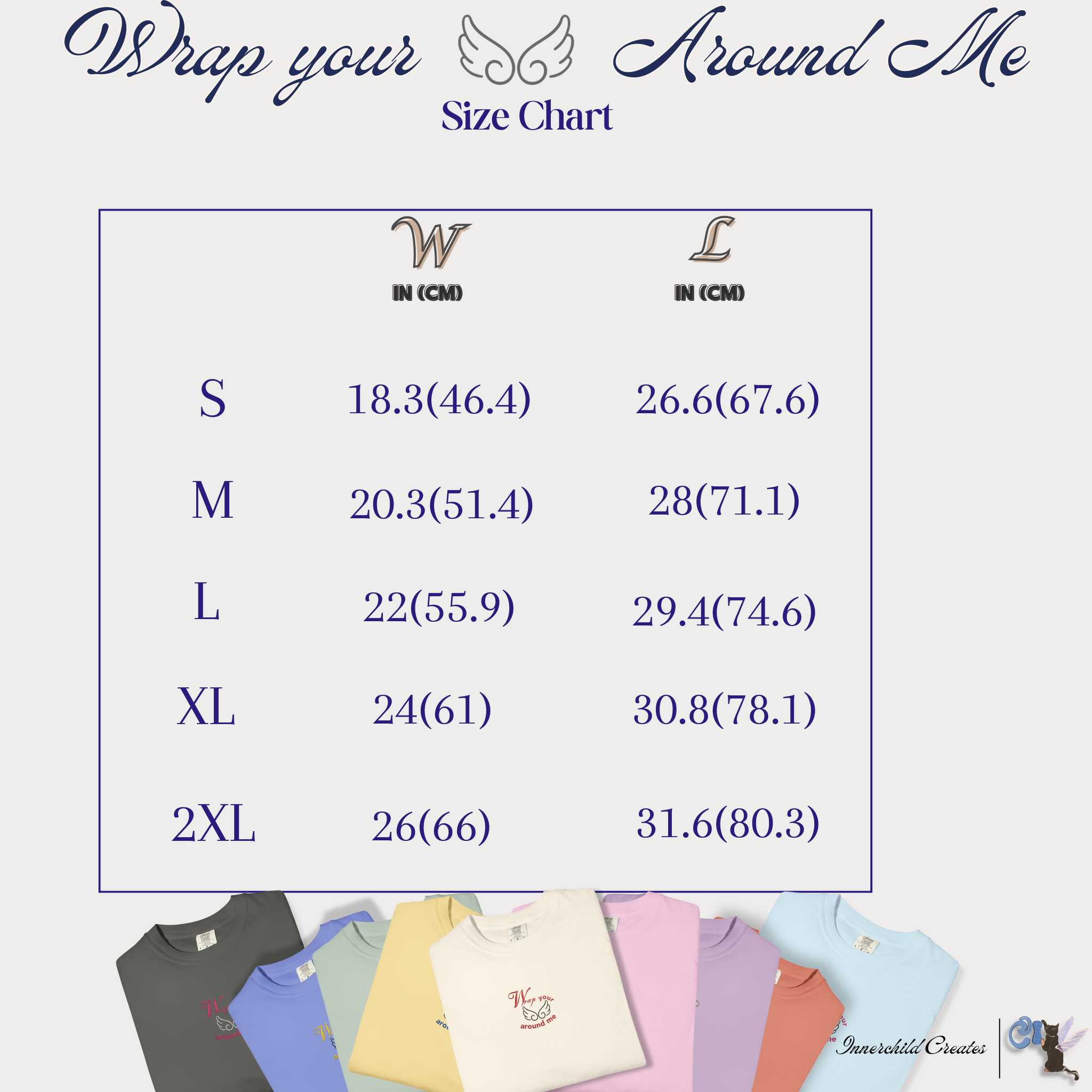 Size chart for shirts with measurements in inches and centimeters, accompanied by a display of shirts in various colors.